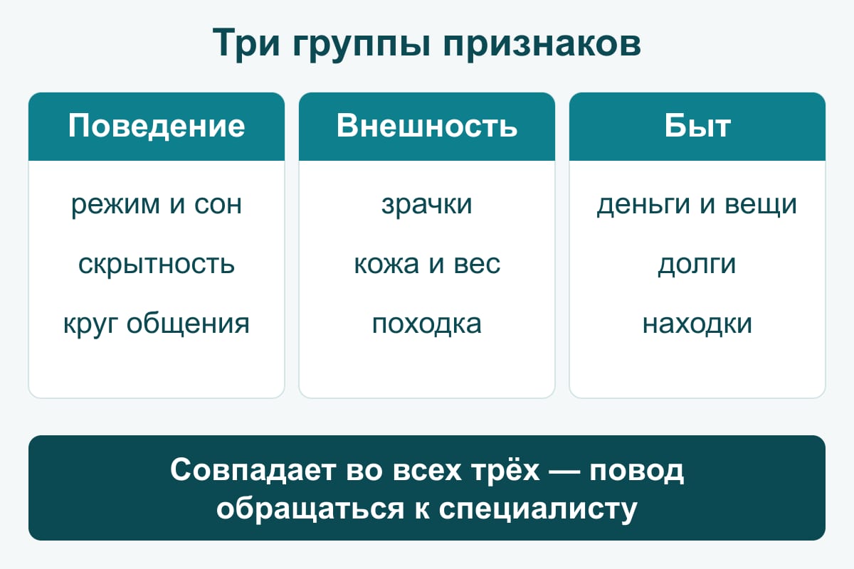 Схема: три направления наблюдения — поведение (режим, скрытность), внешность (зрачки, кожа, вес), быт и деньги (пропажи, находки)